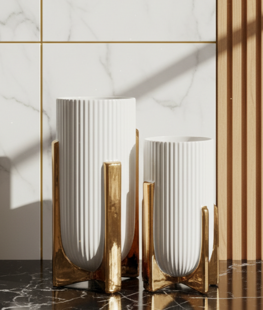 Modern White & Gold Vase 3 piece set Set