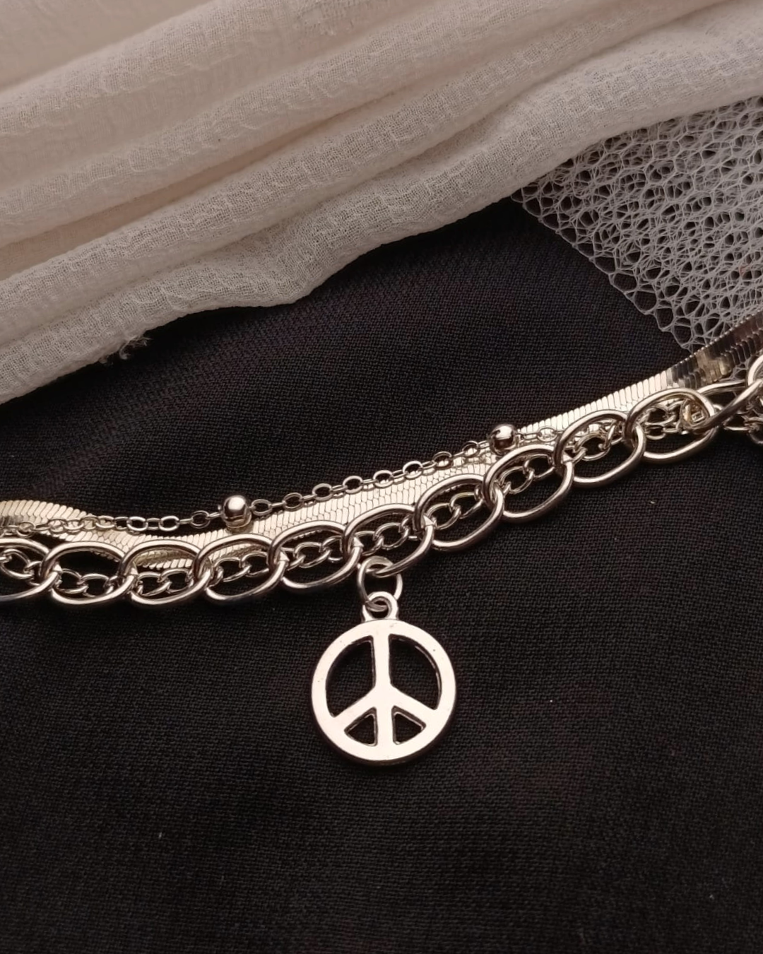Silver Peace Charm Layered Bracelet